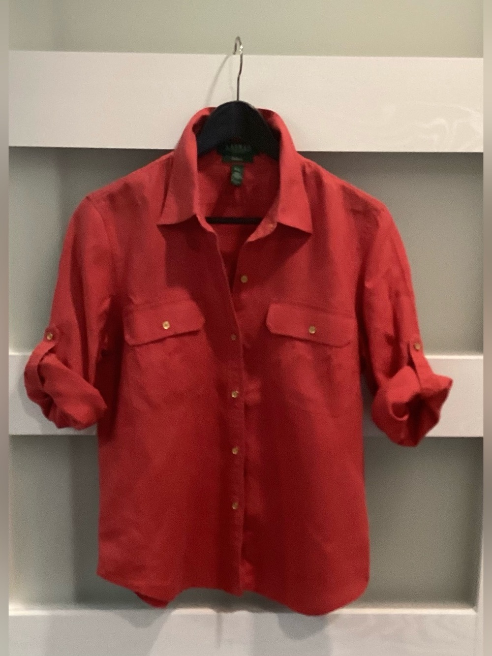 Women’s Ralph Lauren Red Linen Button-Front Shirt w/ Roll-Up Sleeve